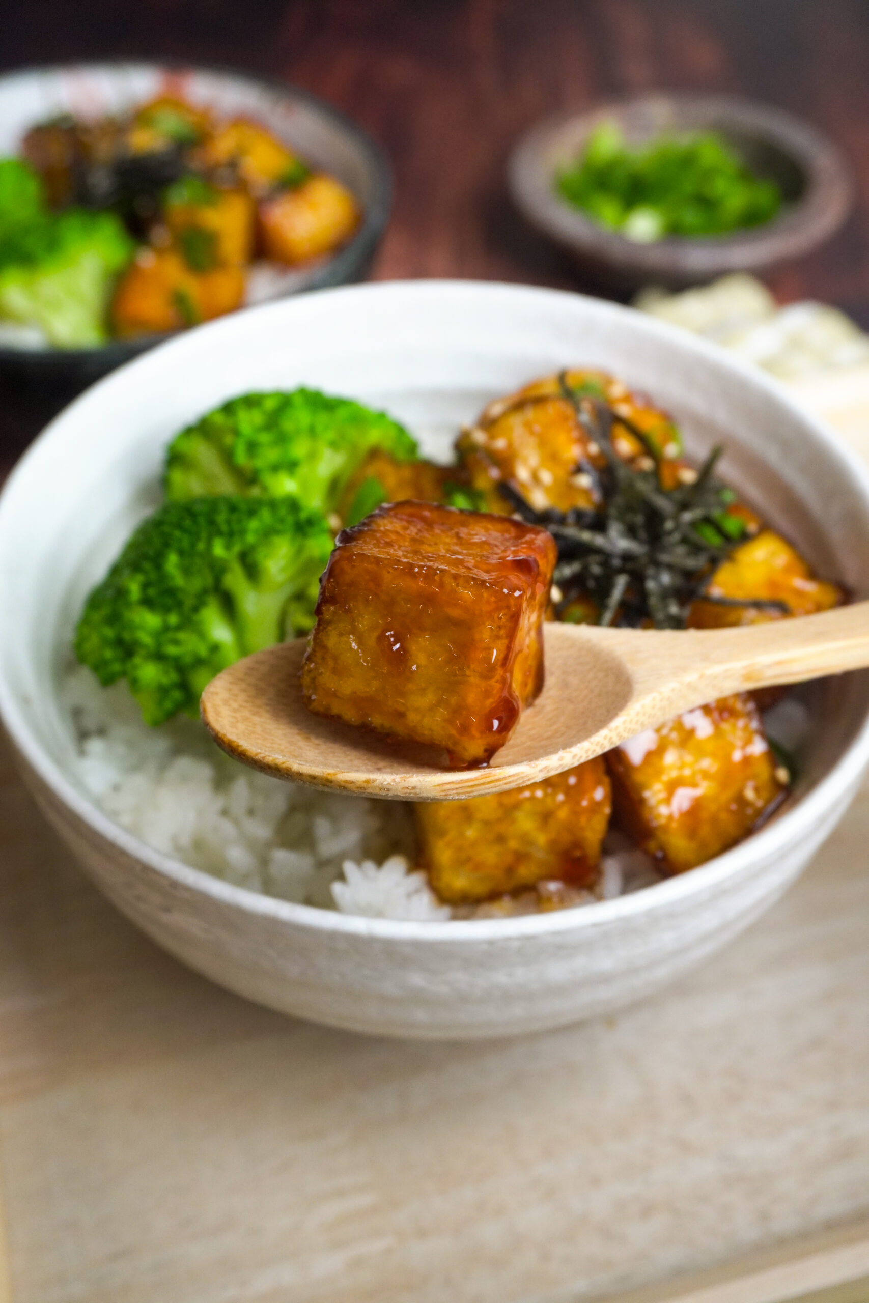 reis brokkoli und angebratener tofu mit sauce in einer schüssel